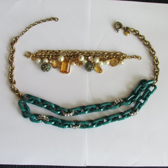 J Crew Necklace & Bracelet Goldtone Rhinestone Faux Pearl Teal – Autumn Colours - Picture 3 of 4